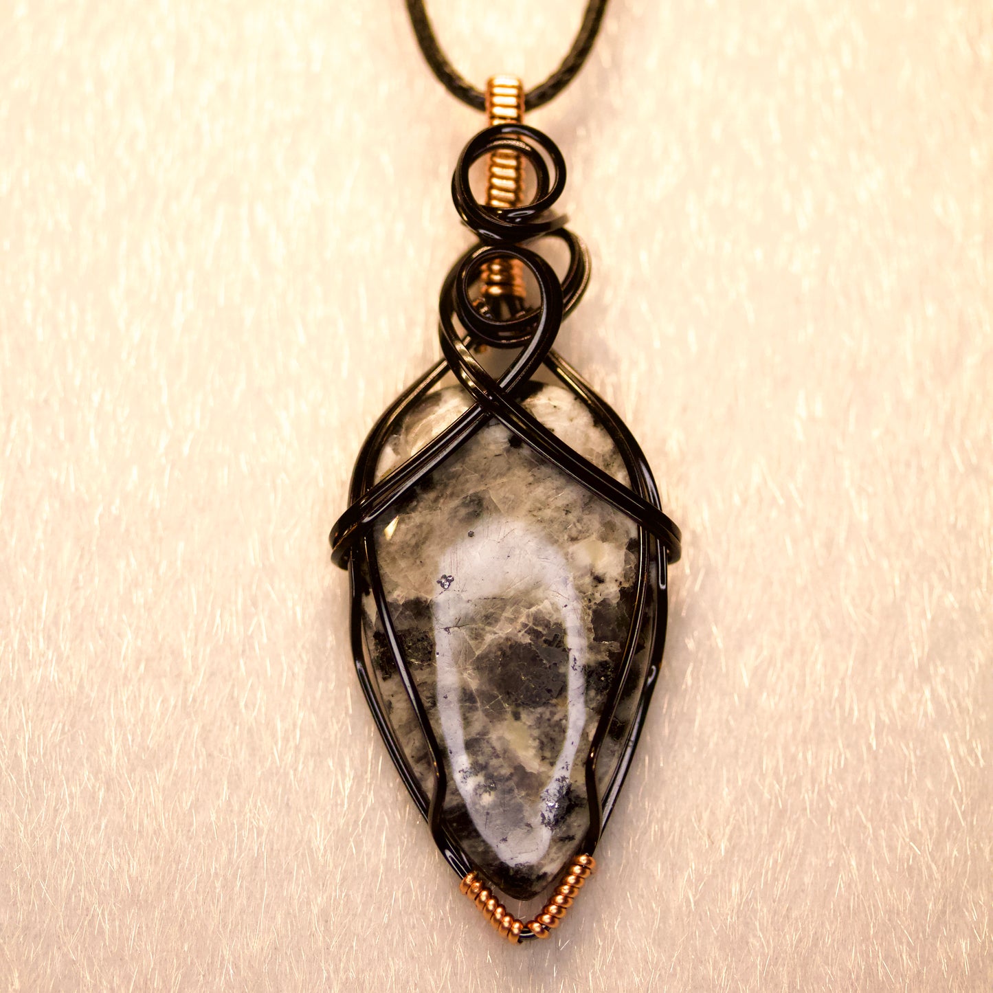 Larvikite Pendant in Two Tones of Copper Wire