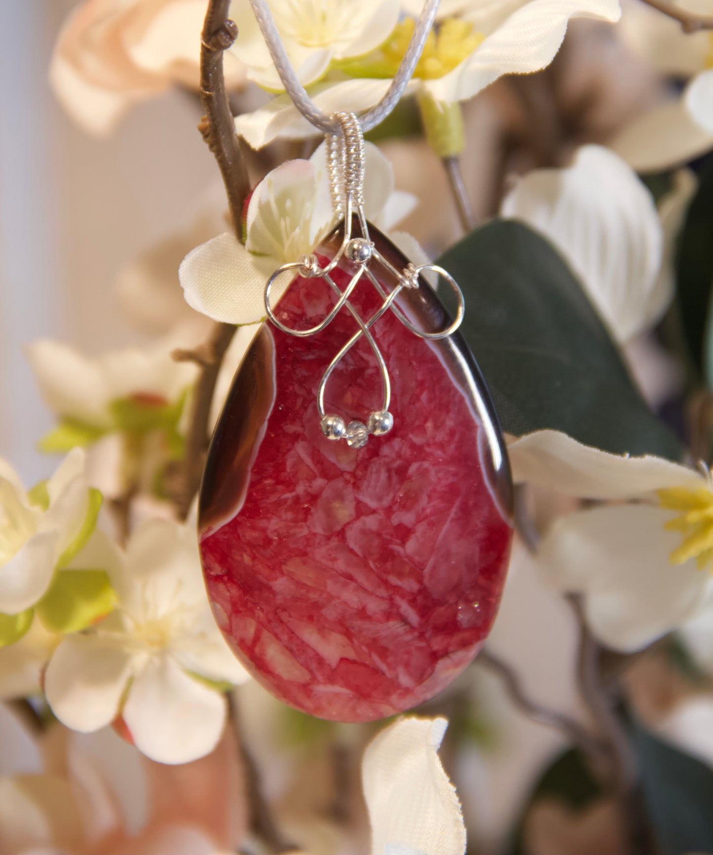 Dyed Red Agate Pendant-Silver Wire with Woven Bail