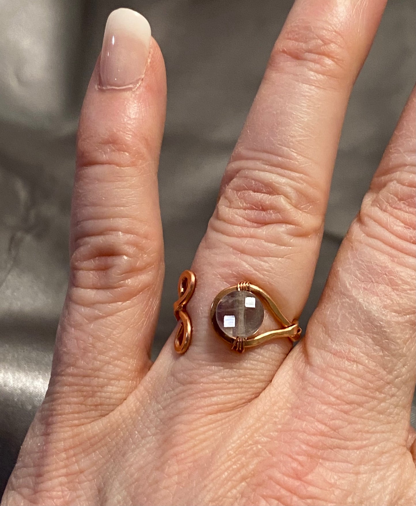 Twisted Bare Copper Ring-Adjustable with Green Fluorite-size 4+