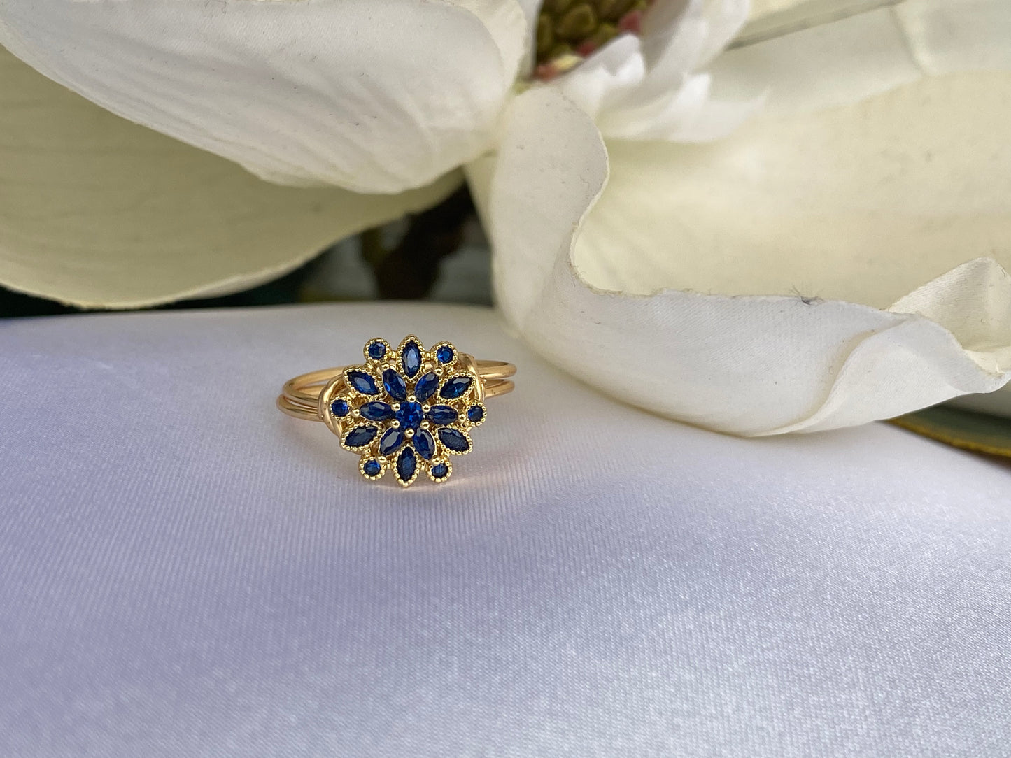 Blue Crystal Flower Button Ring- Gold wire-Size 6.25