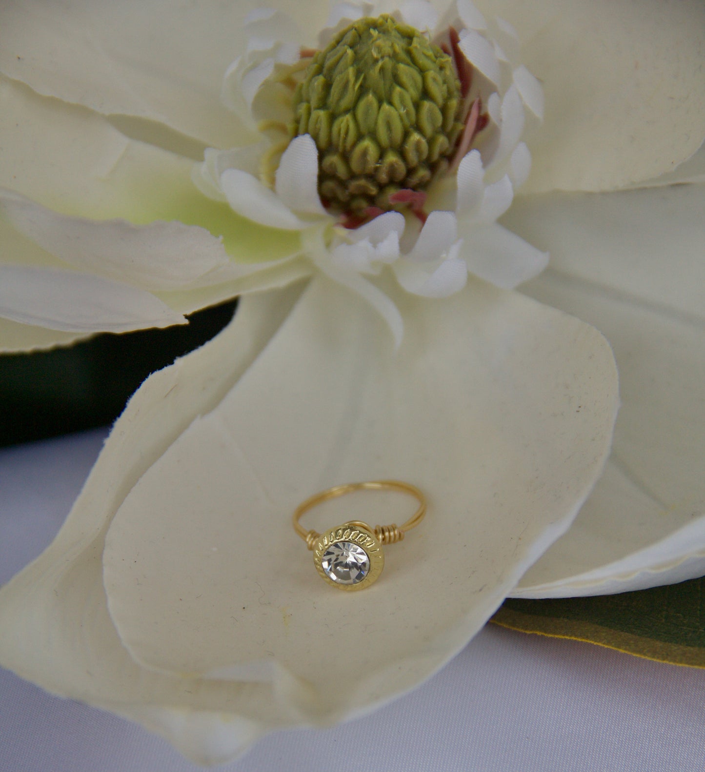 Crystal in Gold Tone Button Ring-Size 5.5