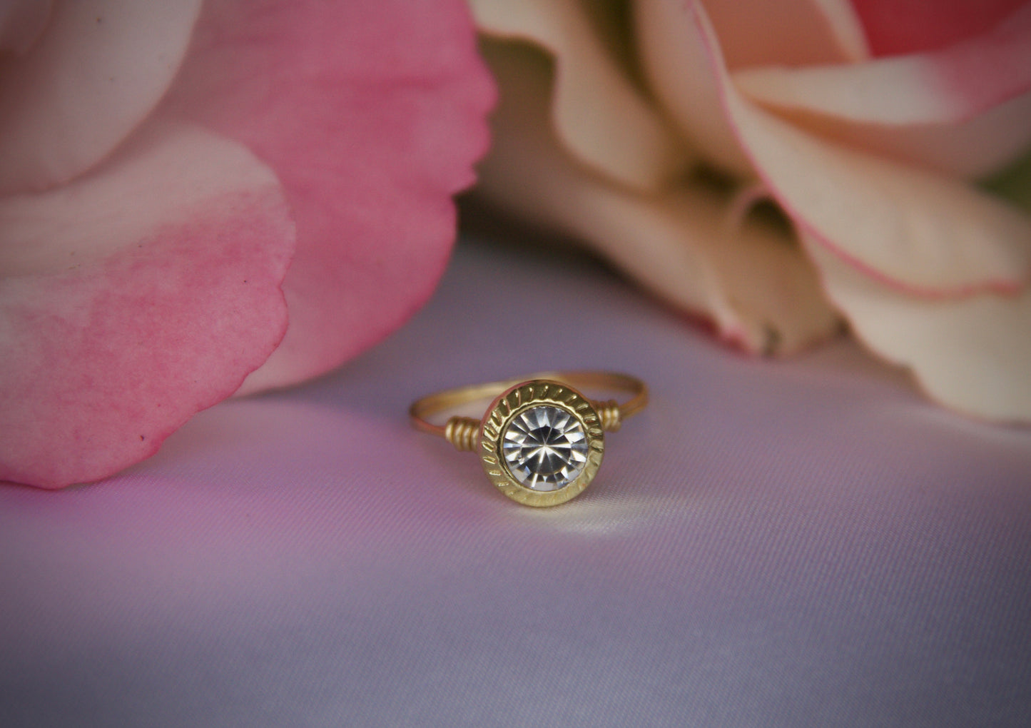 Crystal in Gold Tone Button Ring-Size 5.5
