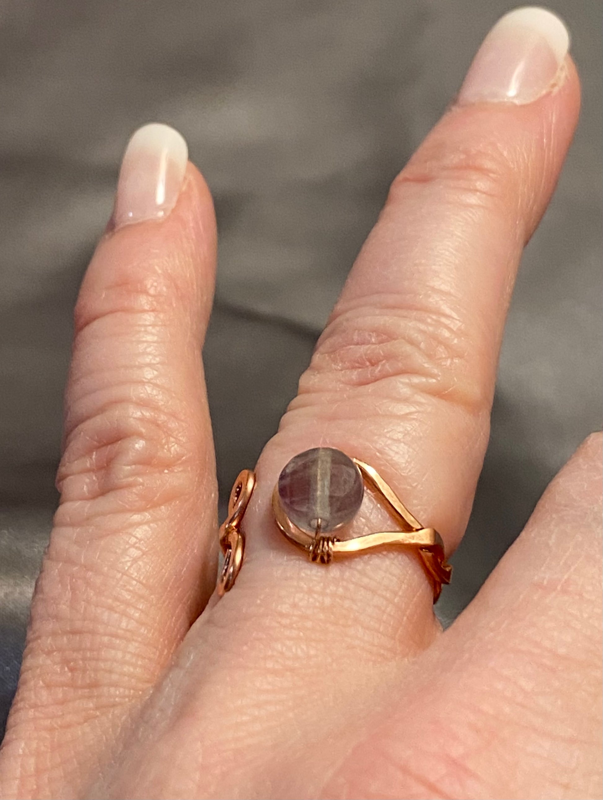 Twisted Bare Copper Ring Adjustable with Green Fluorite size 4