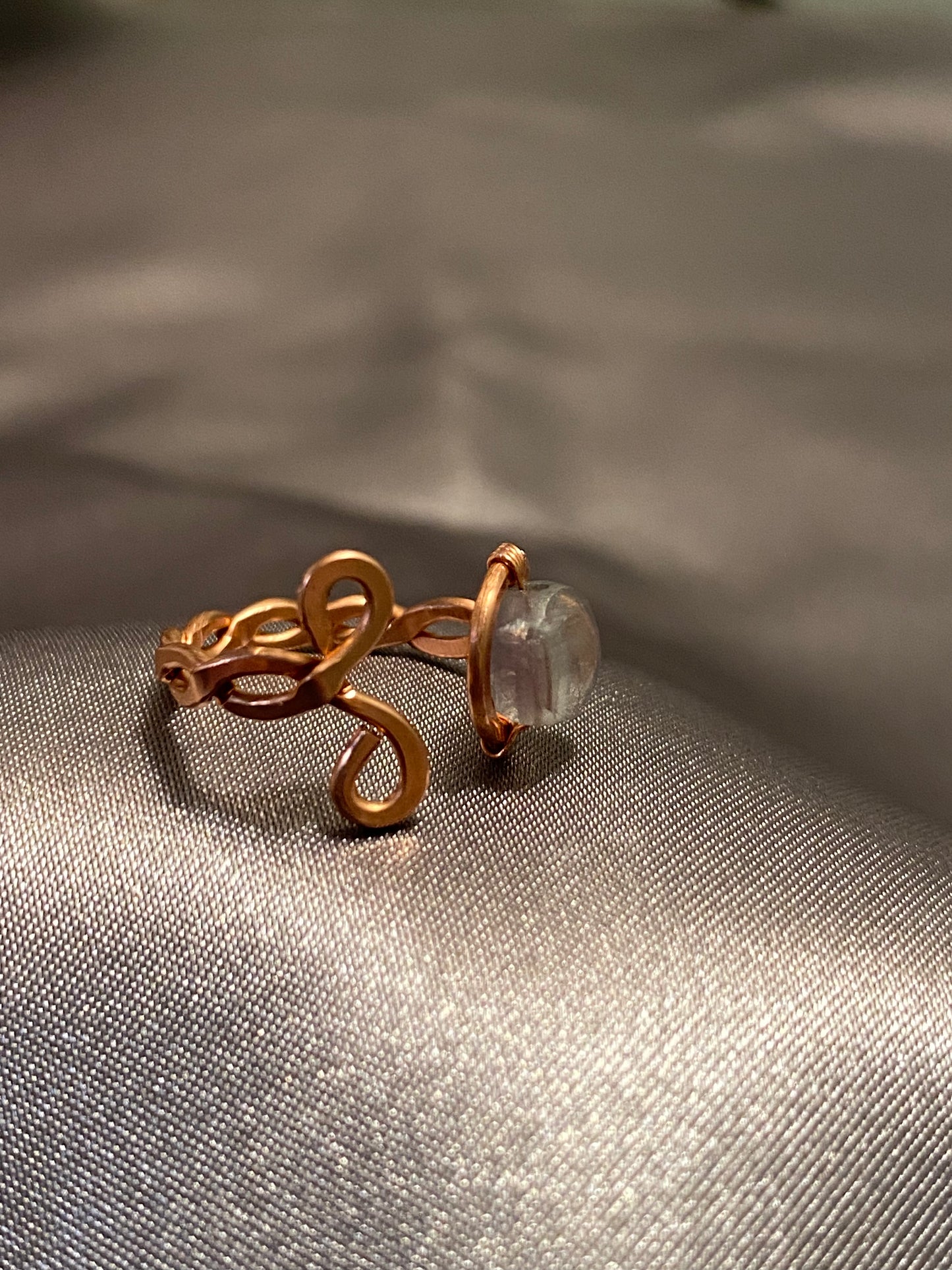 Twisted Bare Copper Ring-Adjustable with Green Fluorite-size 4+